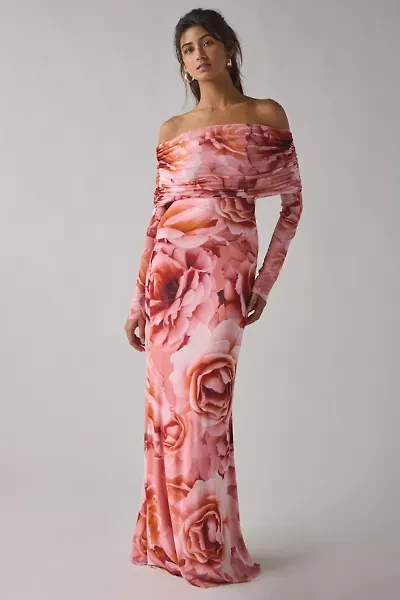 AFRM Thelma Peach Roses Mesh Off-The-Shoulder Long Sleeve Maxi Dress
