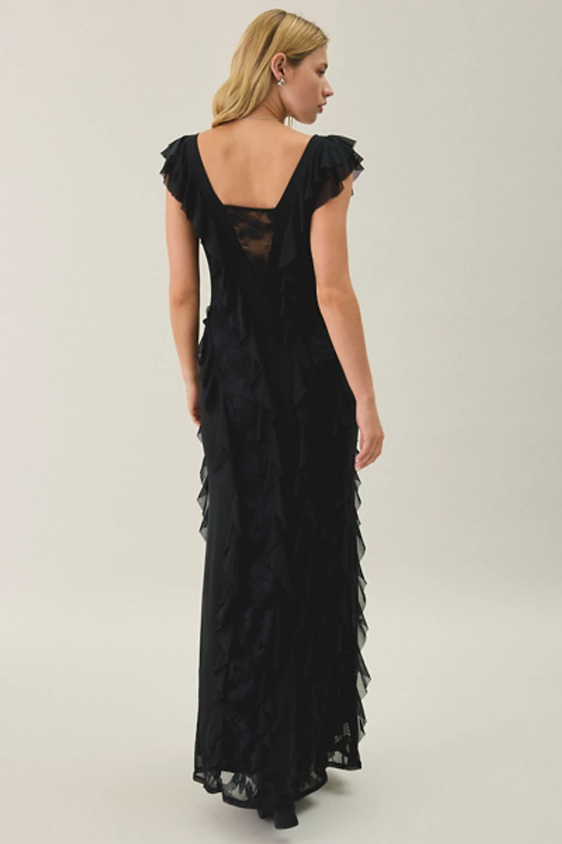 AFRM Trisa Cappuccino Lace Trim Ruffle Maxi Dress