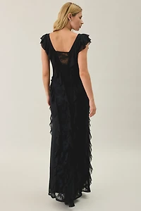 AFRM Trisa Cappuccino Lace Trim Ruffle Maxi Dress