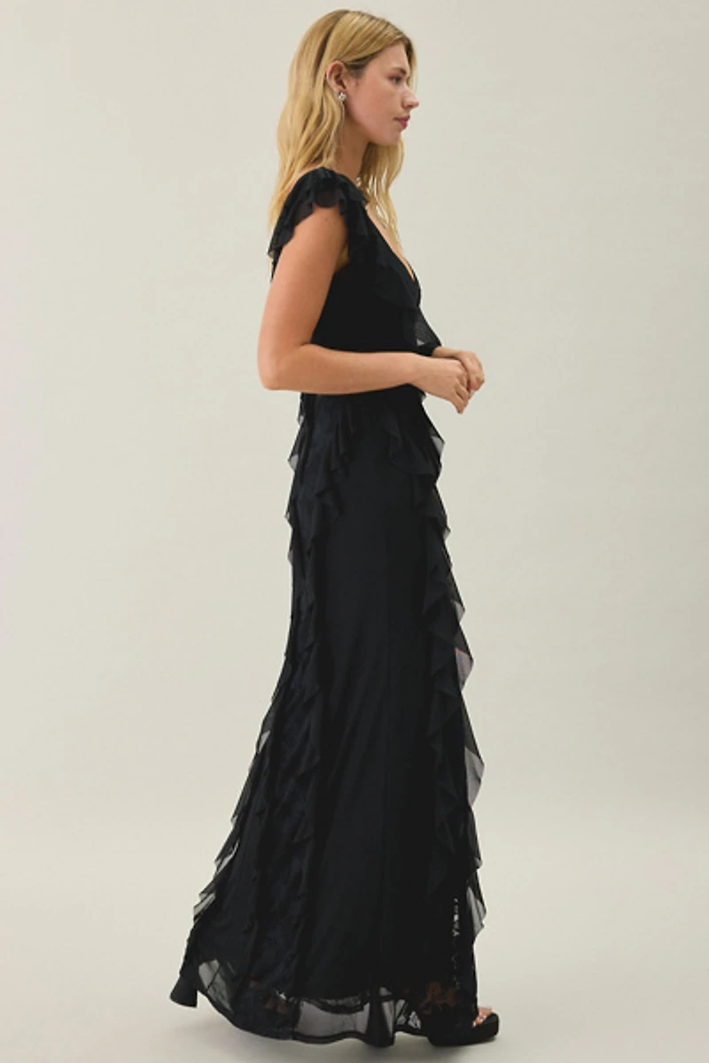 AFRM Trisa Cappuccino Lace Trim Ruffle Maxi Dress