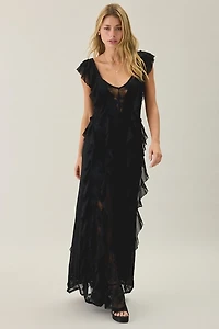 AFRM Trisa Cappuccino Lace Trim Ruffle Maxi Dress