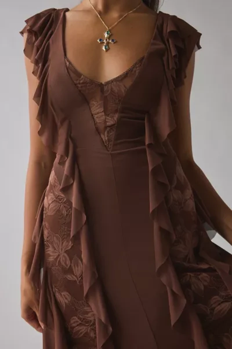 AFRM Trisa Cappuccino Lace Trim Ruffle Maxi Dress