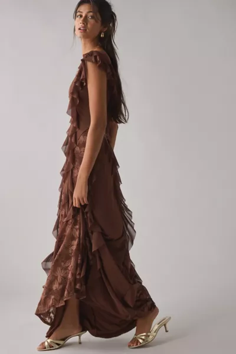 AFRM Trisa Cappuccino Lace Trim Ruffle Maxi Dress