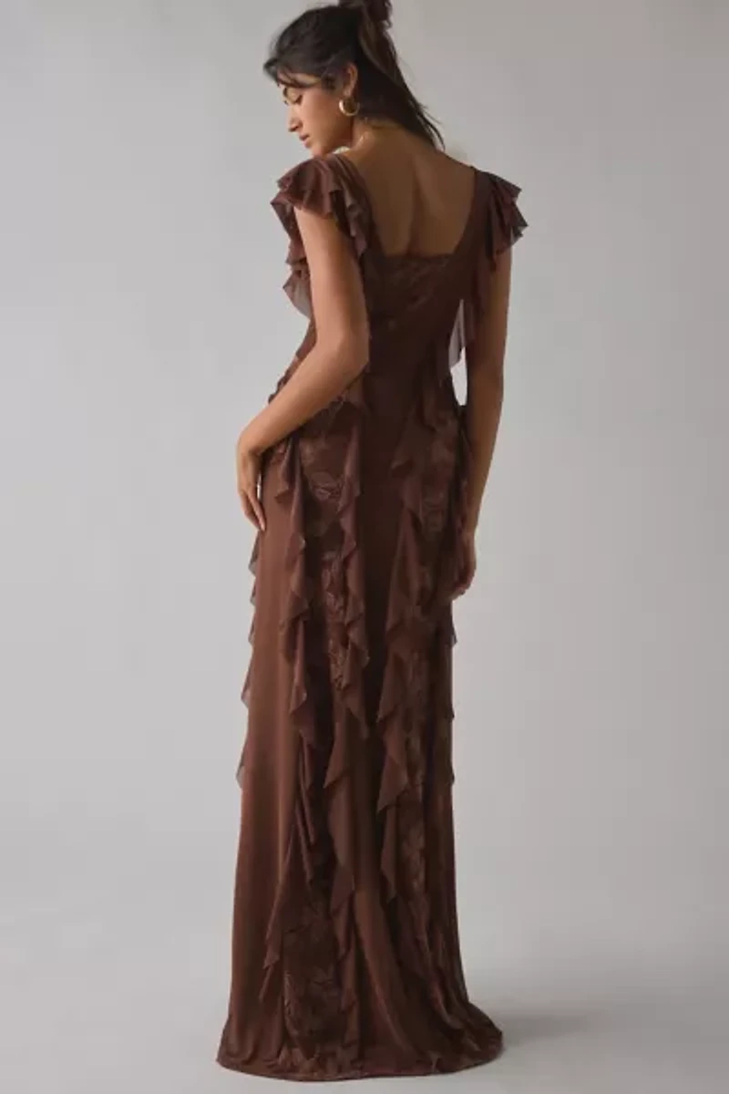 AFRM Trisa Cappuccino Lace Trim Ruffle Maxi Dress