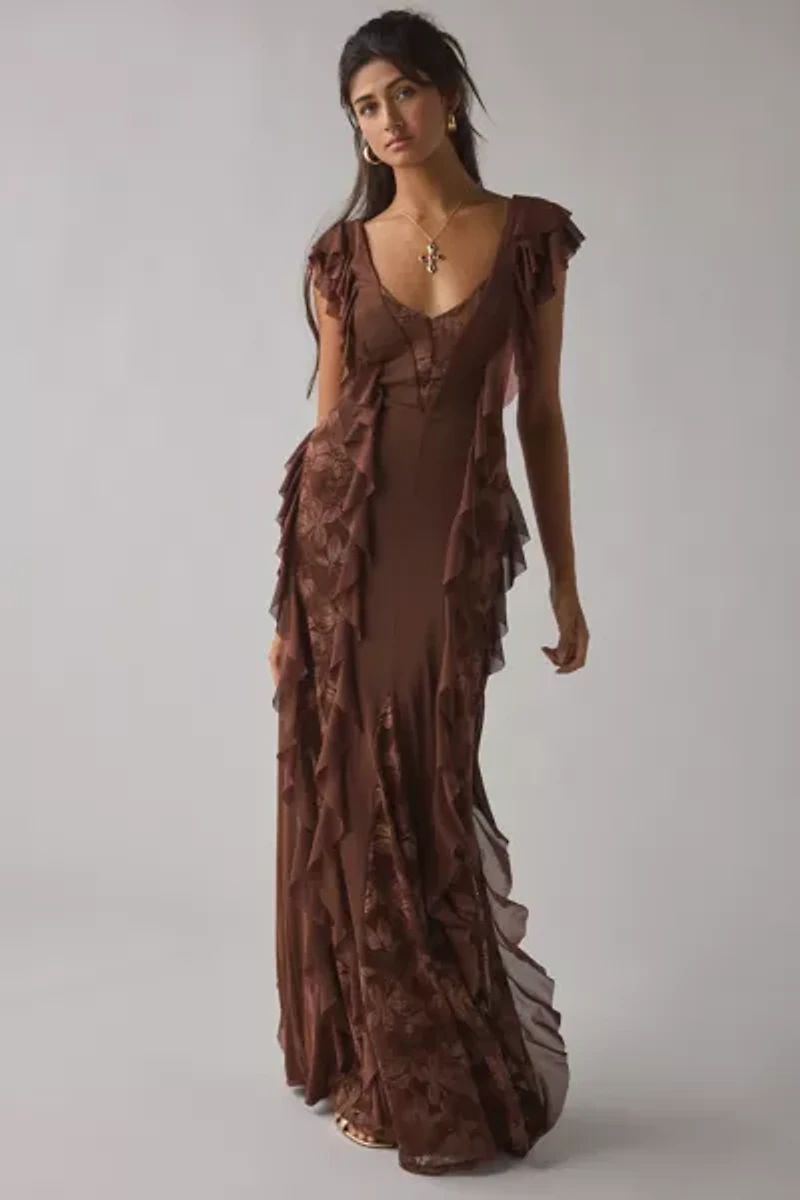 AFRM Trisa Cappuccino Lace Trim Ruffle Maxi Dress