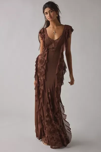 AFRM Trisa Cappuccino Lace Trim Ruffle Maxi Dress
