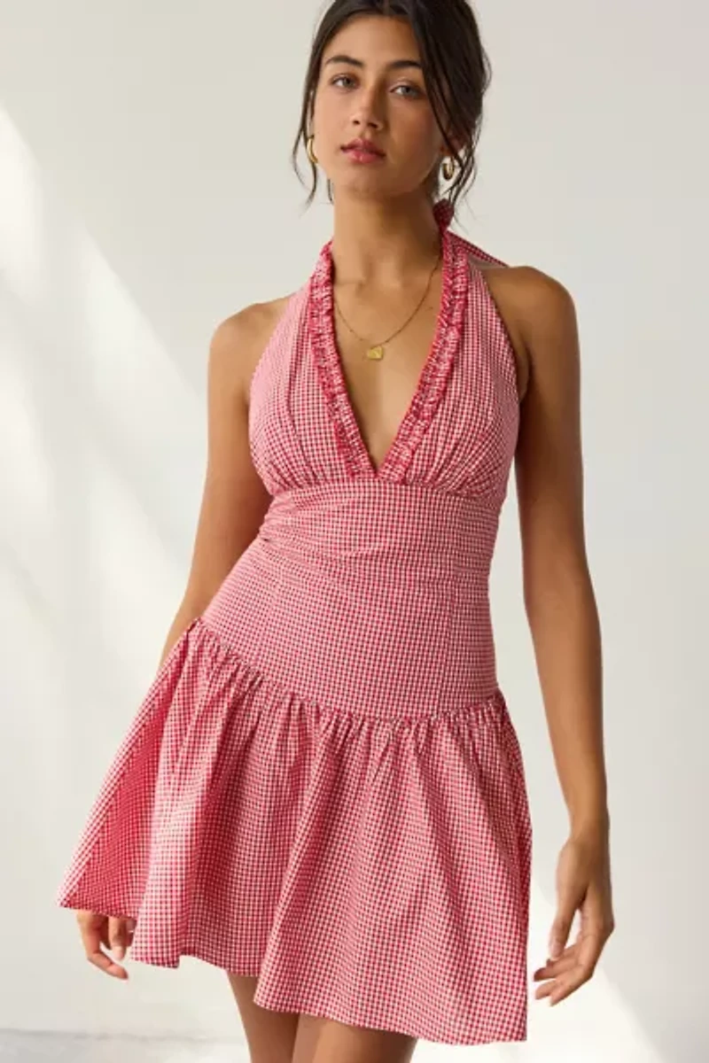 Frankies Bikinis Scout Cotton Gingham Halter Mini Dress