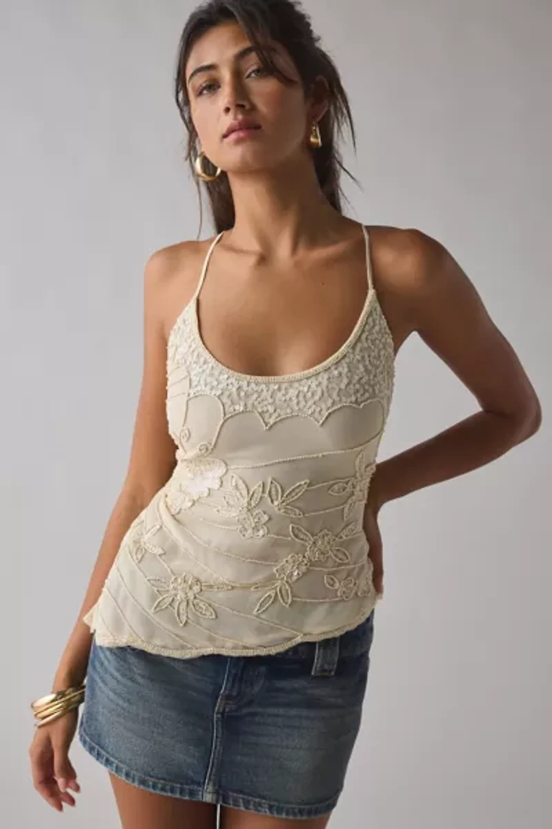 UO Brittney Beaded Embroidered Lace-Up Open Back Tank Top