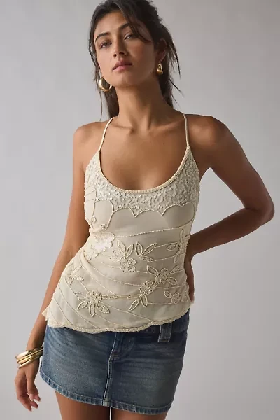 UO Brittney Beaded Embroidered Lace-Up Open Back Tank Top
