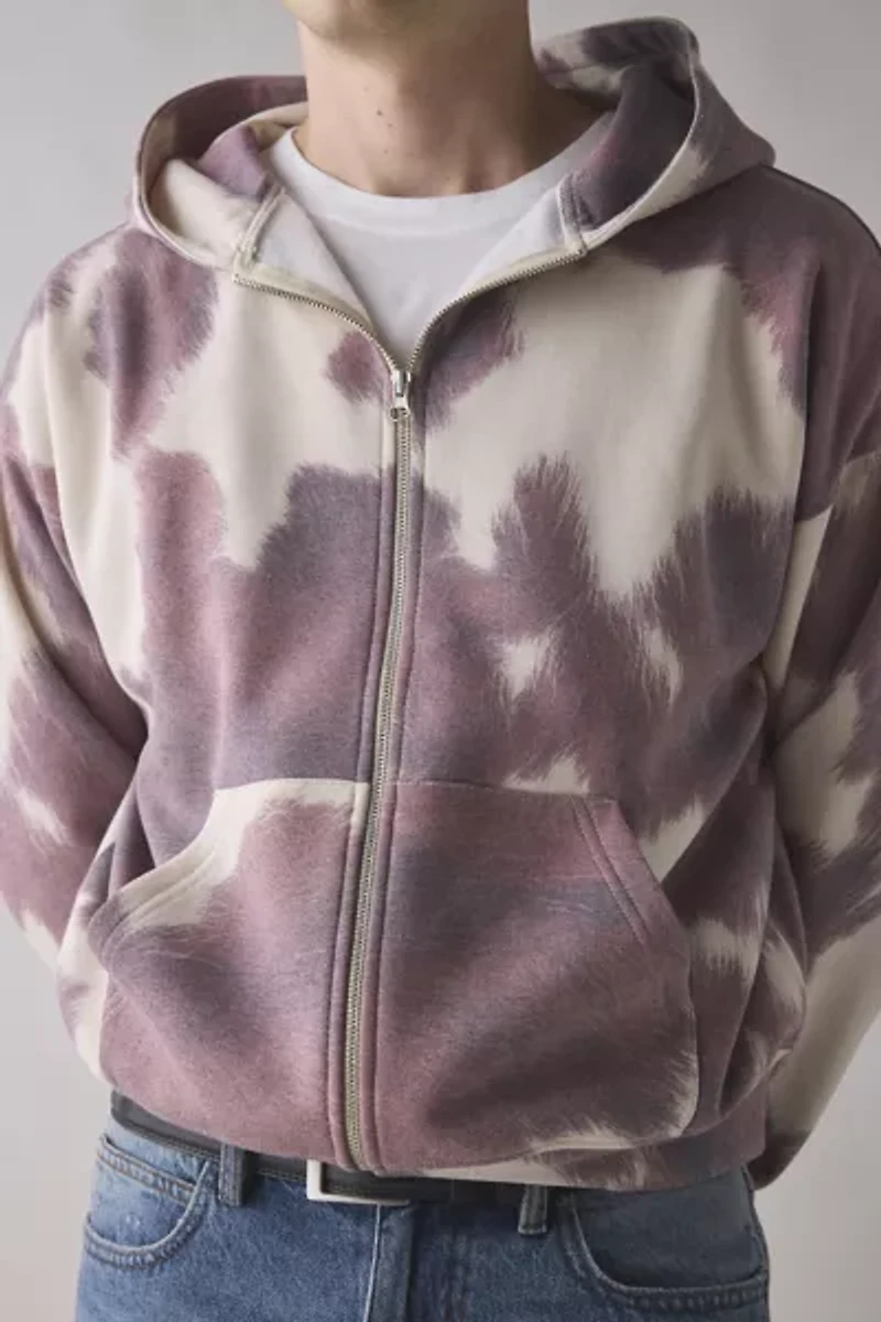 BDG Cow Print Patterned Full Zip Hoodie Sweatshirt