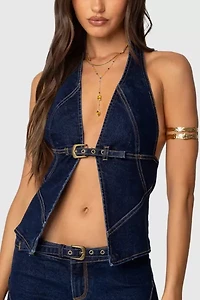 Edikted Ciel Split Front Denim Halter Top