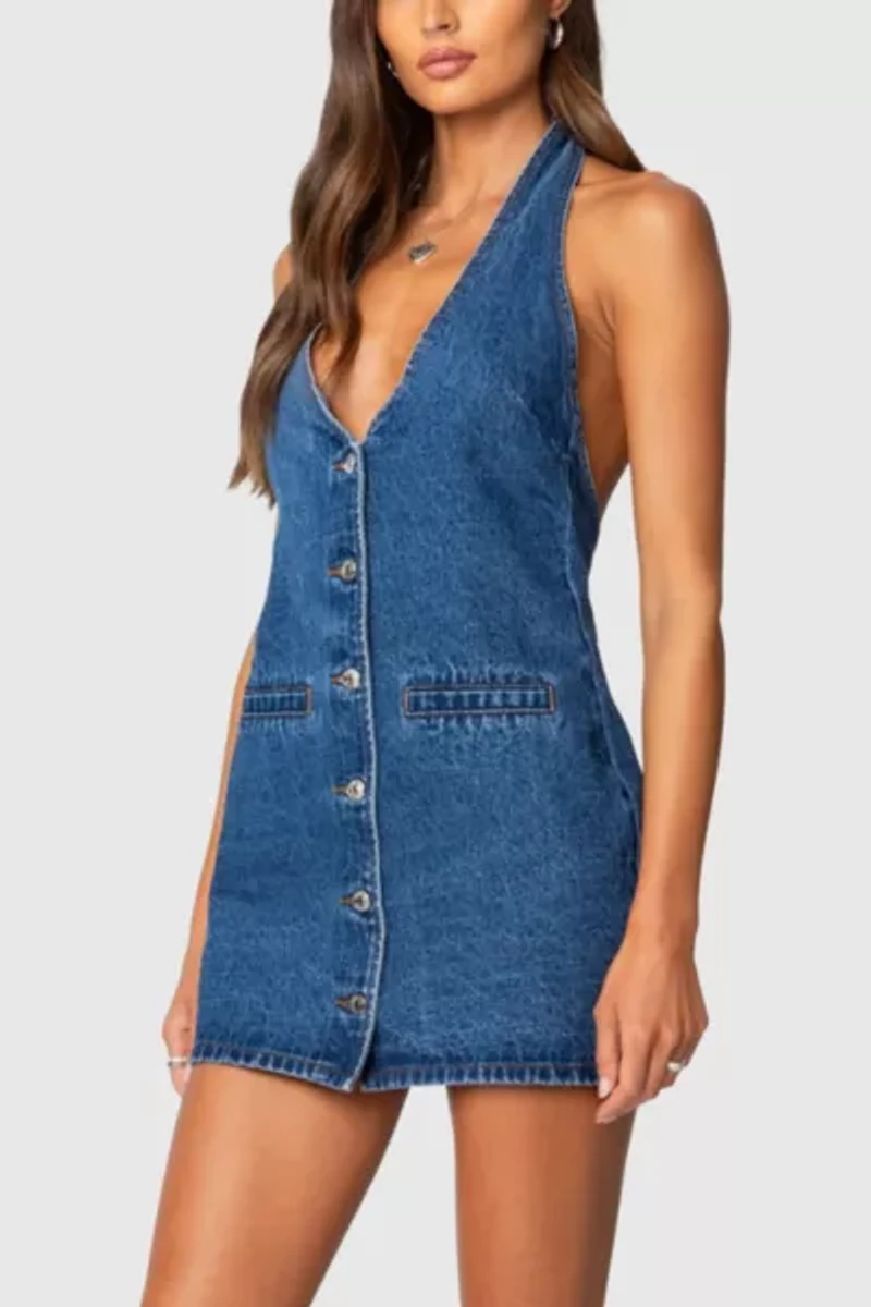 Edikted Destinee Denim Halter Mini Dress