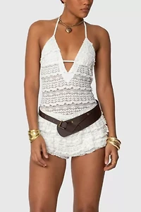 Edikted Lanney Ruffled Sheer Lace Romper