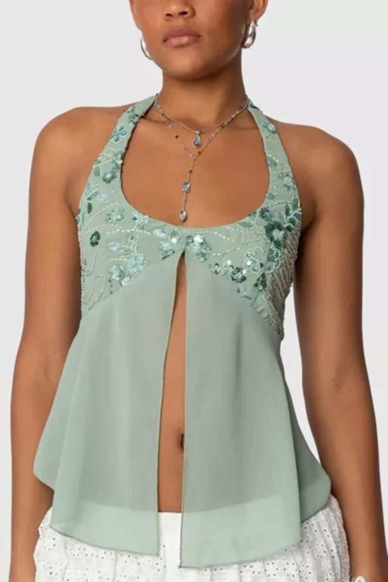 Edikted Sequin Chiffon Split Front Top