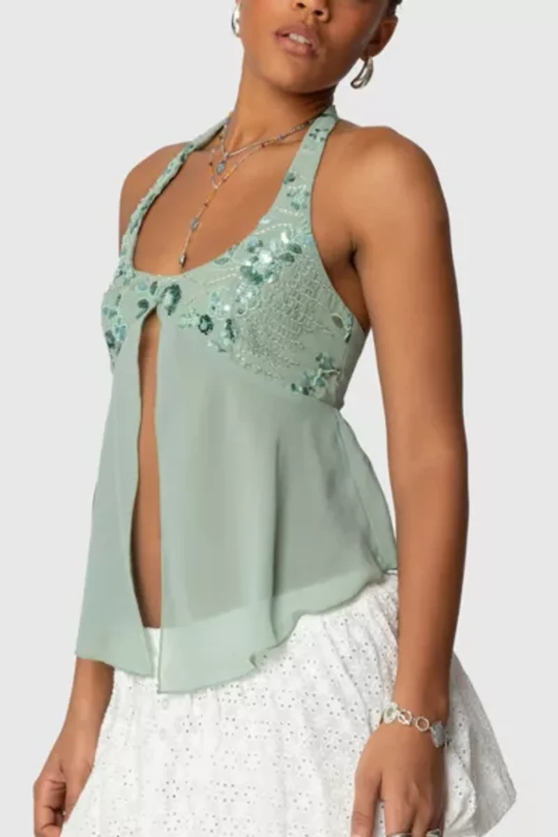 Edikted Sequin Chiffon Split Front Top