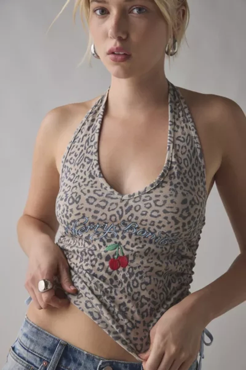 Cherry Bomb Graphic Leopard Print Halter Top
