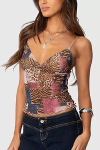 Edikted Mixed Animal Print Mesh Tank Top