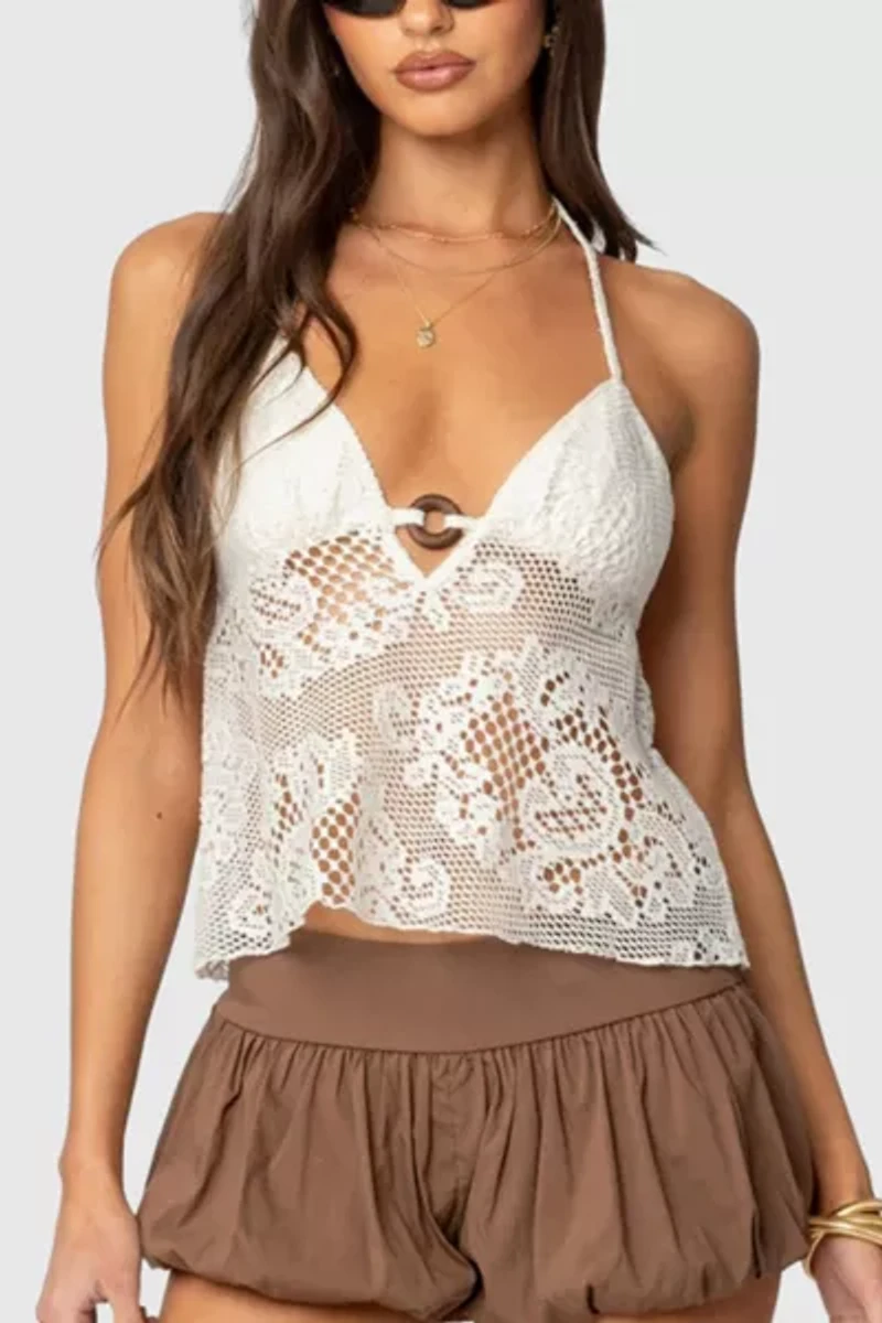 Edikted Sheer Crochet Babydoll Halter Top