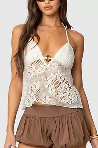 Edikted Sheer Crochet Babydoll Halter Top