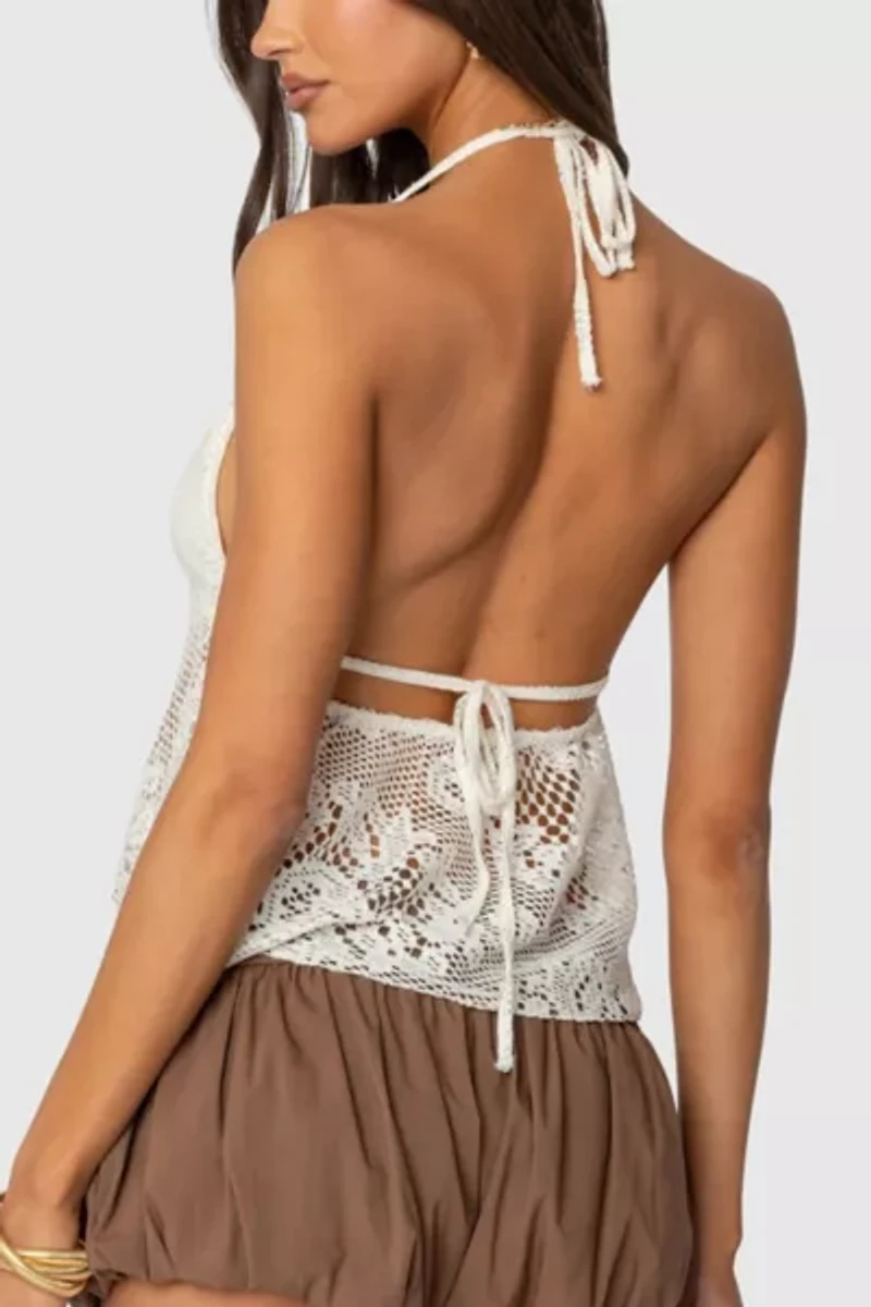 Edikted Sheer Crochet Babydoll Halter Top