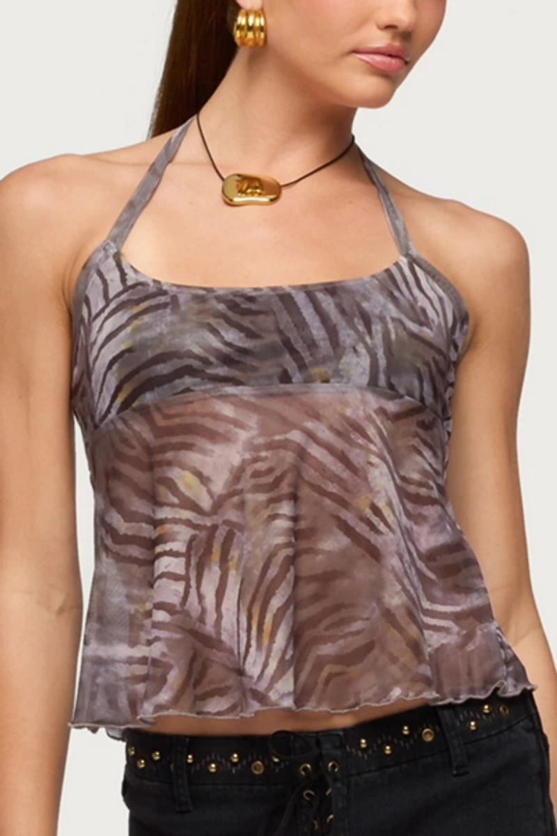 Edikted Tiger Printed Mesh Babydoll Top
