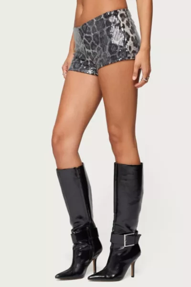 Edikted Sequin Leopard Printed Micro Shorts