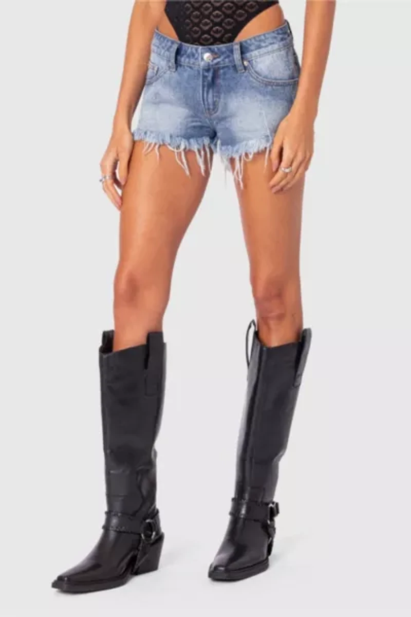 Edikted Erika Low Rise Frayed Denim Shorts
