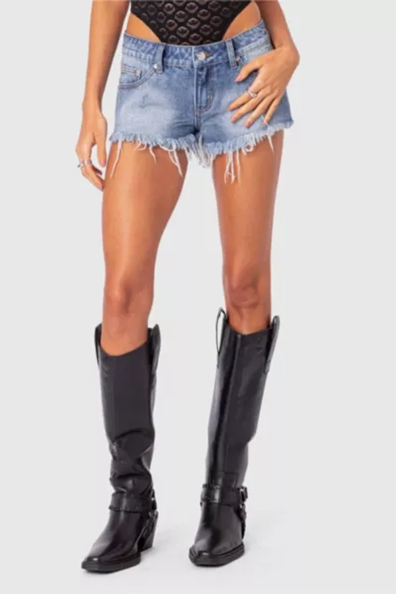 Edikted Erika Low Rise Frayed Denim Shorts