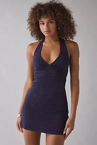 UO Head Over Heels Jersey Knit Plunging Halter Mini Dress