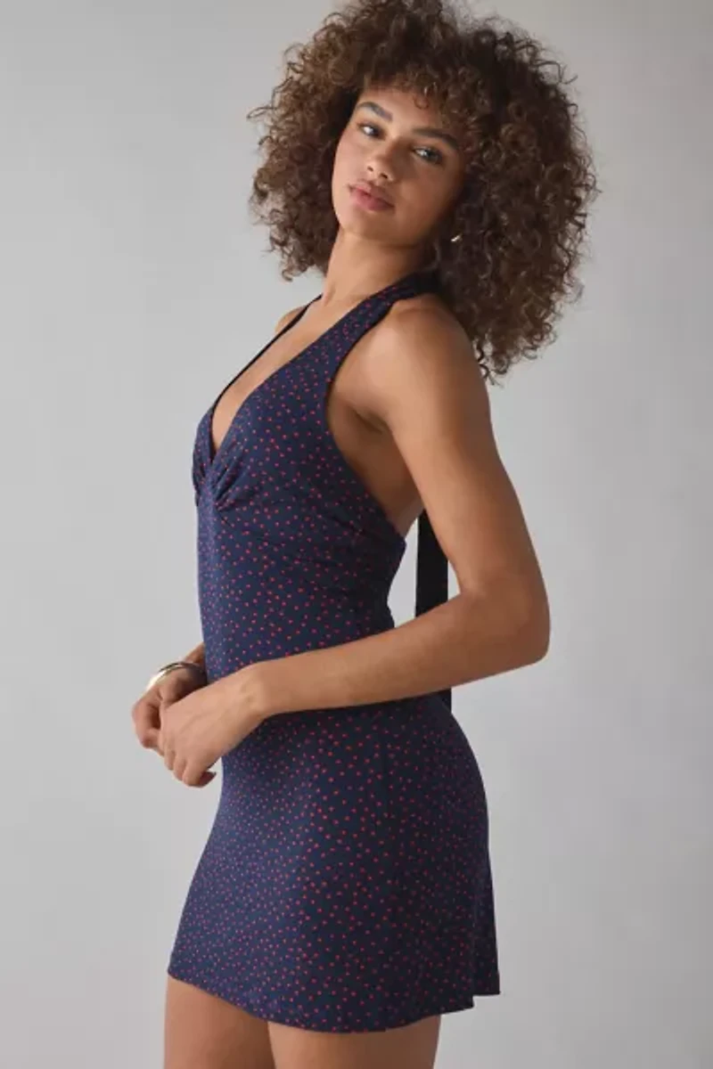 UO Head Over Heels Jersey Knit Plunging Halter Mini Dress