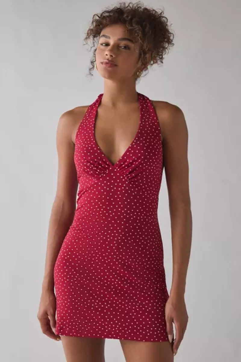 UO Head Over Heels Jersey Knit Plunging Halter Mini Dress