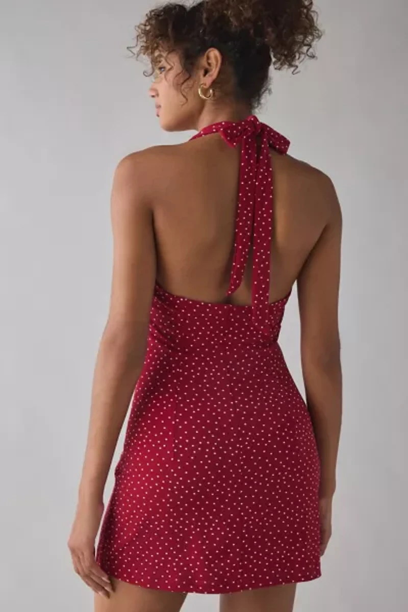 UO Head Over Heels Jersey Knit Plunging Halter Mini Dress