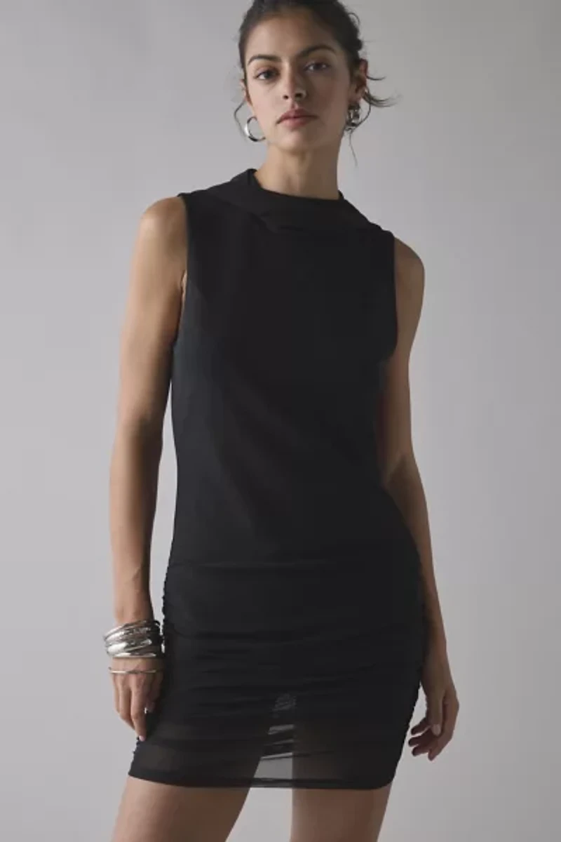 Lioness Ethereal Onyx Semi-Sheer Jersey Cowl Hooded Mini Dress