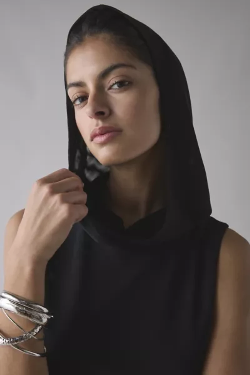 Lioness Ethereal Onyx Semi-Sheer Jersey Cowl Hooded Mini Dress