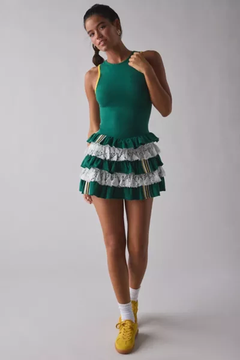 UO Good Game Laced Up Open-Back Tiered Ruffle Romper