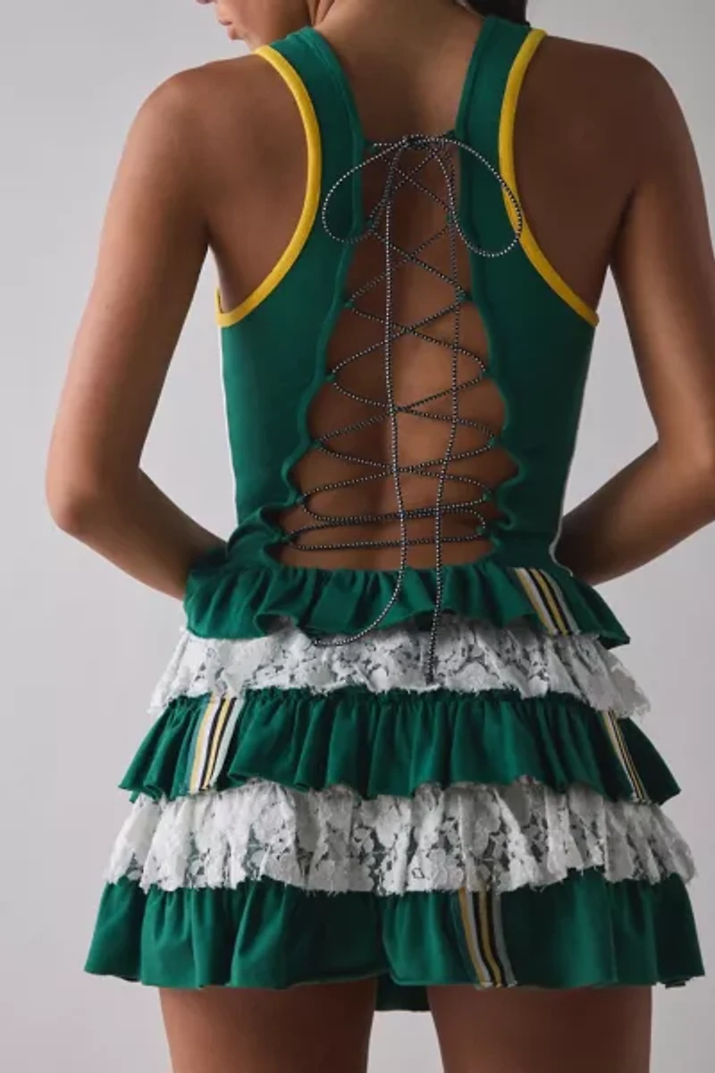 UO Good Game Laced Up Open-Back Tiered Ruffle Romper