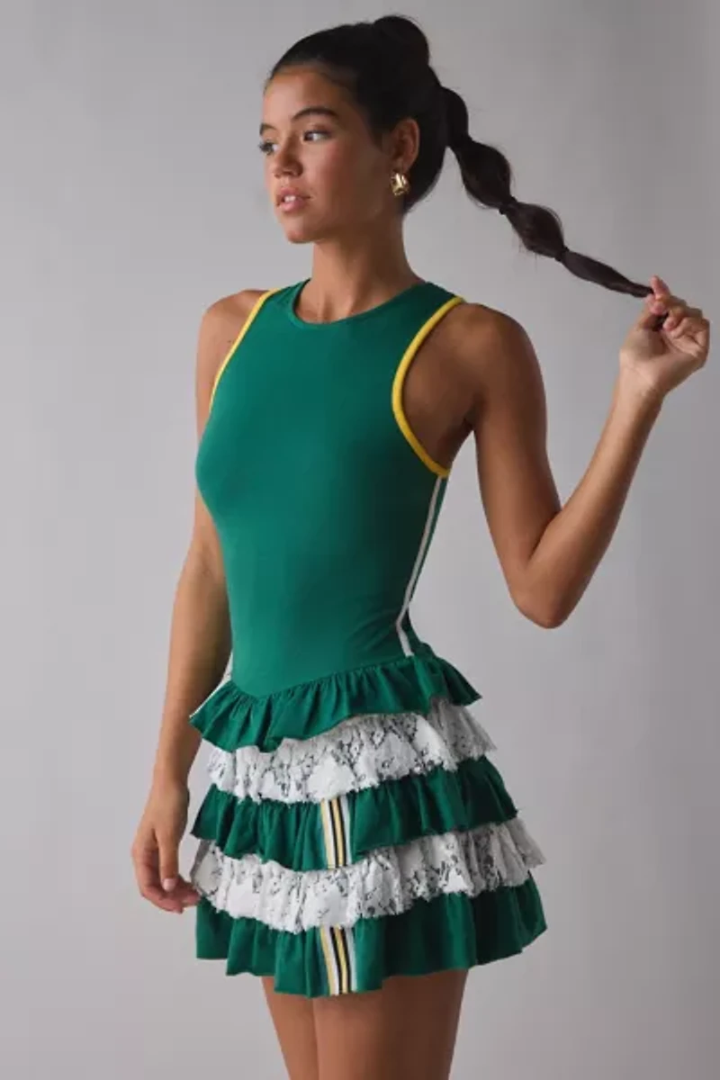 UO Good Game Laced Up Open-Back Tiered Ruffle Romper