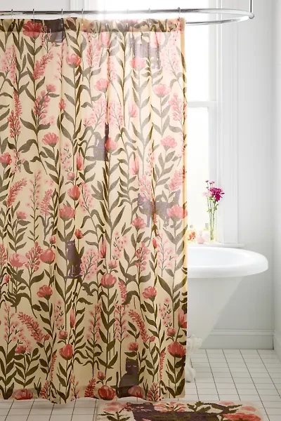 Wren Cat Greenery Patterned Shower Curtain