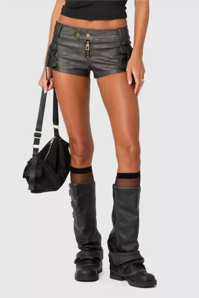 Edikted Washed Faux Leather Micro Cargo Shorts