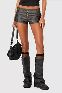 Edikted Washed Faux Leather Micro Cargo Shorts