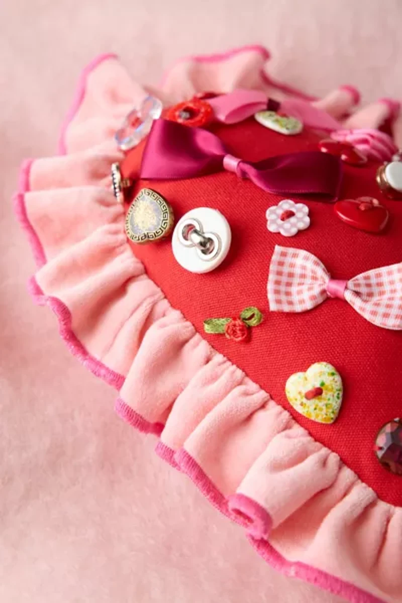 Beaded Heart Ruffle Throw Pillow