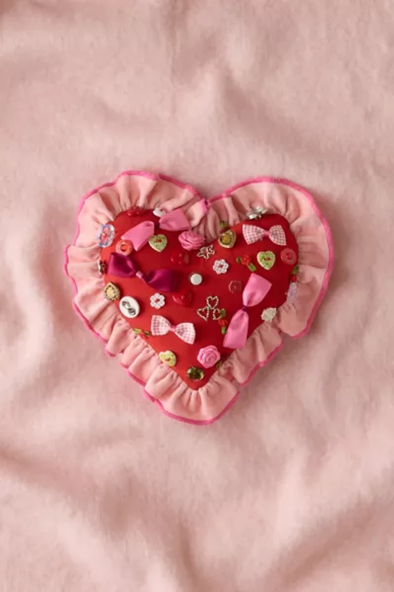 Beaded Heart Ruffle Throw Pillow