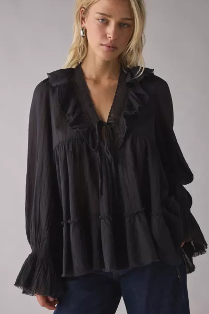 Kimchi Blue Mona Lace Trim Ruffle Babydoll Tunic Blouse