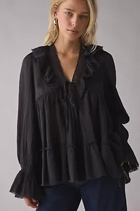 Kimchi Blue Mona Lace Trim Ruffle Babydoll Tunic Blouse
