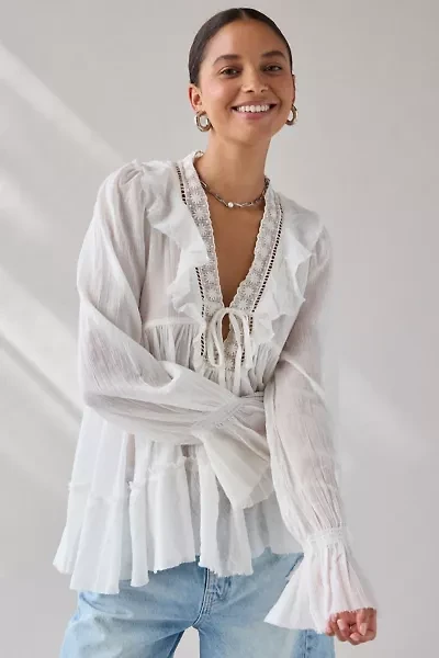 Kimchi Blue Mona Lace Trim Ruffle Babydoll Tunic Blouse