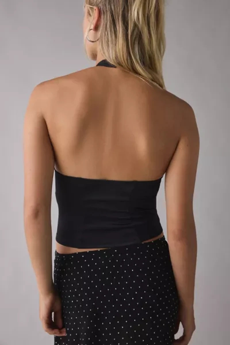 UO Luna Mixed Lace Trim Plunge Halter Top
