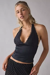 UO Luna Mixed Lace Trim Plunge Halter Top
