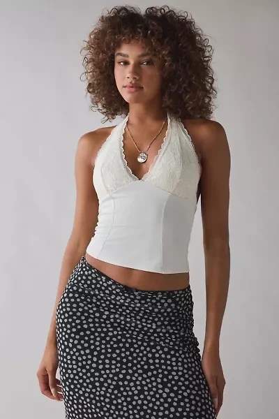 UO Luna Mixed Lace Trim Plunge Halter Top