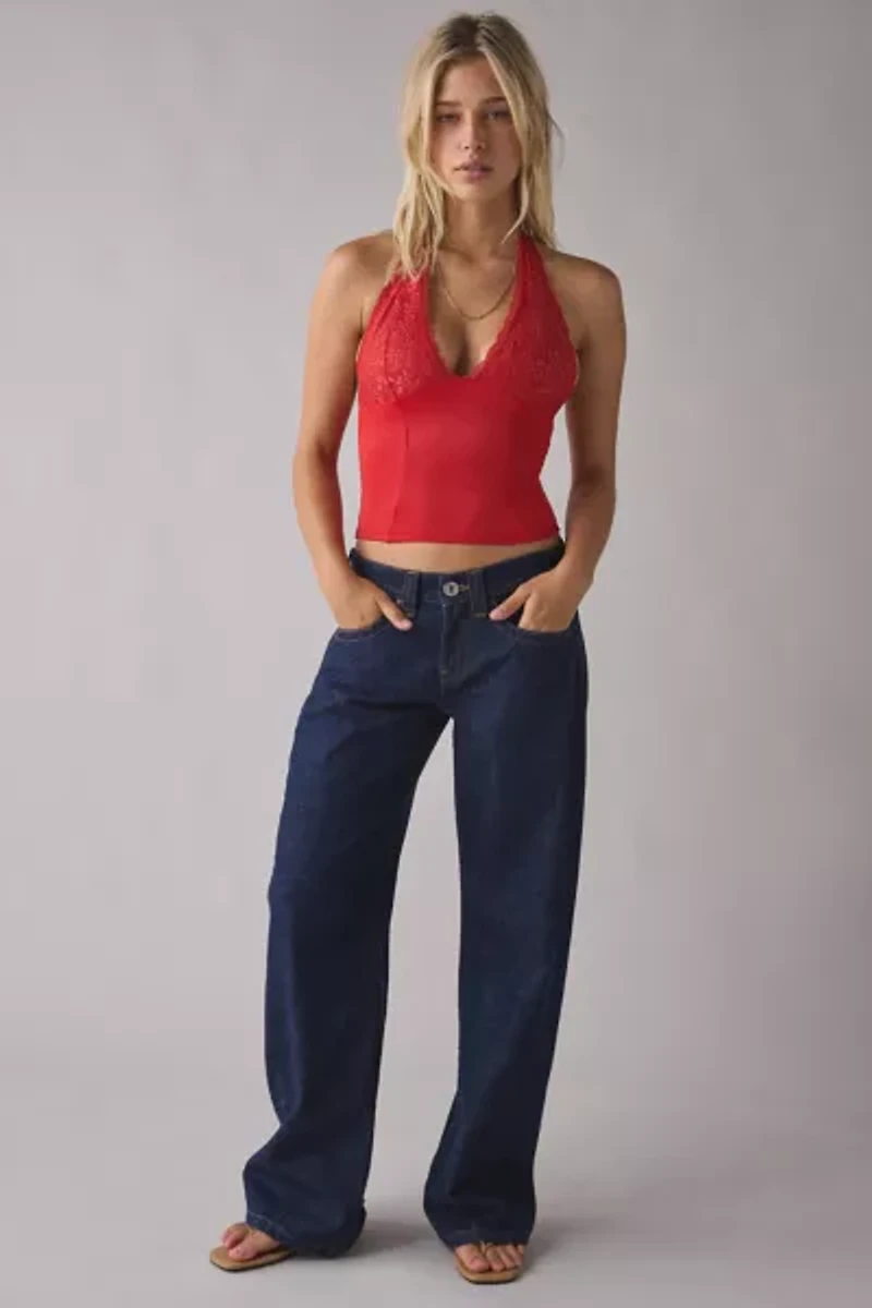UO Luna Mixed Lace Trim Plunge Halter Top