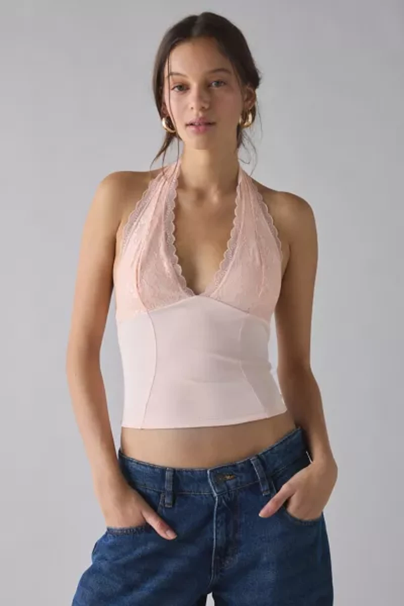 UO Luna Mixed Lace Trim Plunge Halter Top